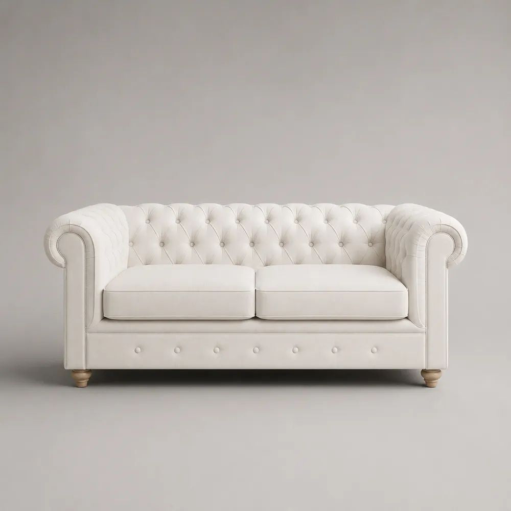 2-Sitzer-Sofa aus PU-Kunstleder mit Knopfheftung, Cremeweiß/Hellbraun, 180 × 89 × 76 cm
