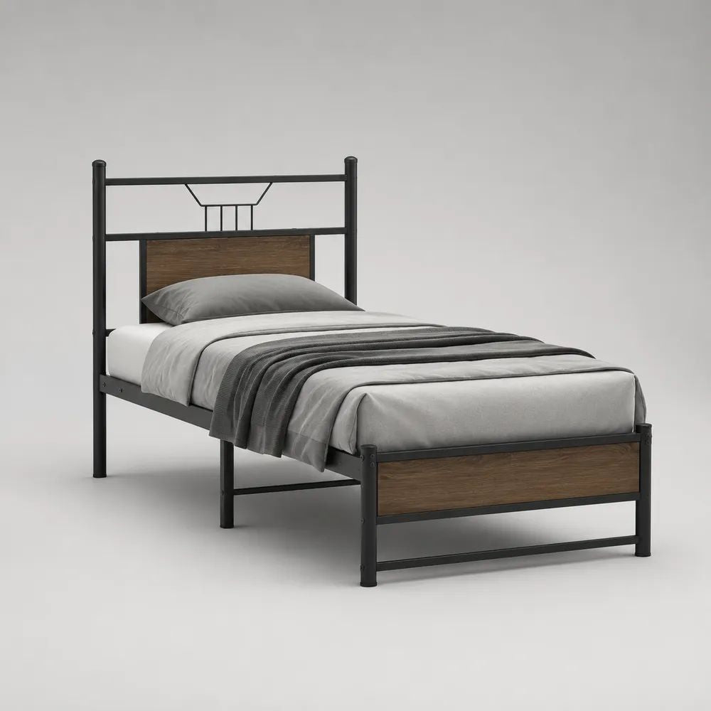 Metallbett Einzelbettgestell 90 × 200 cm aus pulverbeschichtetem Stahl und MDF, Schwarz/Walnussbraun