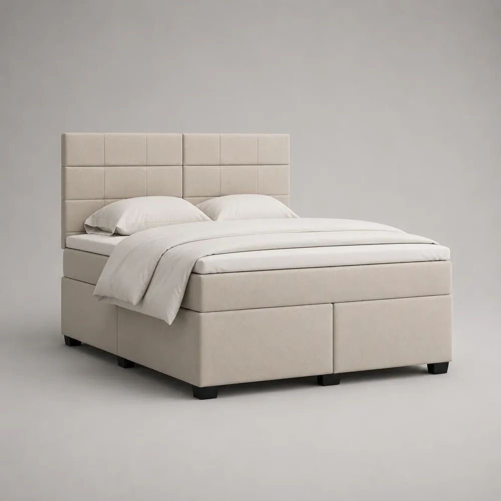 Boxspringbett 180 x 200 cm mit Taschenfederkernmatratzen, Topper und gepolstertem Kopfteil, Polyester, Beige