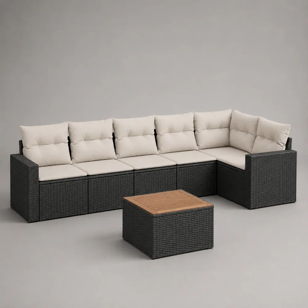 7-teiliges L-förmiges Gartensofa-Set aus PE-Rattan mit Kissen und Tisch, Schwarz/Beige/Braun, 280 × 210 × 74 cm