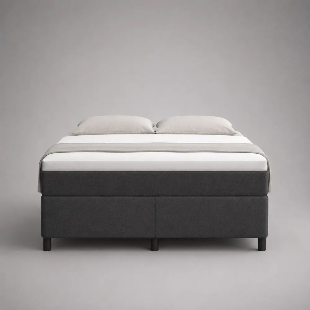 Boxspringbett 160 × 200 cm aus Holz und Stoff mit Bonellfederkernmatratze, Dunkelgrau/Weiß, ohne Kopfteil