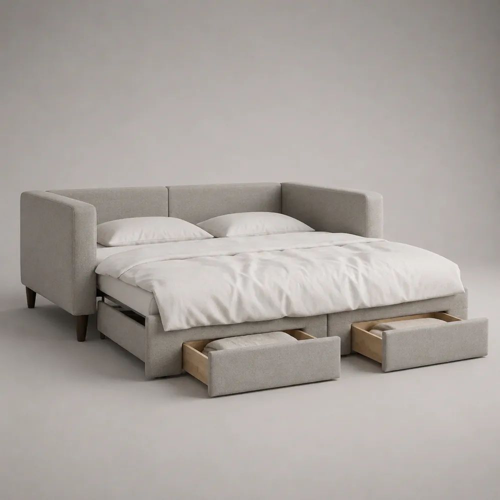 Schlafsofa mit Ausziehbett und 2 Schubladen, Stoffbezug, Hellgrau, 202 × 96/220 × 88 cm, Liegefläche 160 × 200 cm