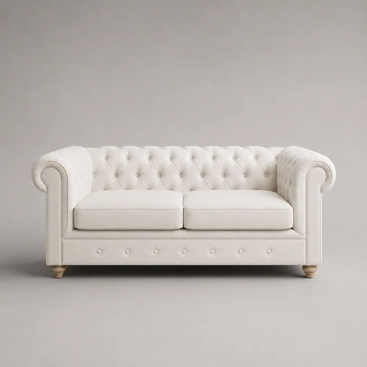 2-Sitzer-Sofa aus PU-Kunstleder mit Knopfheftung, Cremeweiß/Hellbraun, 180 × 89 × 76 cm