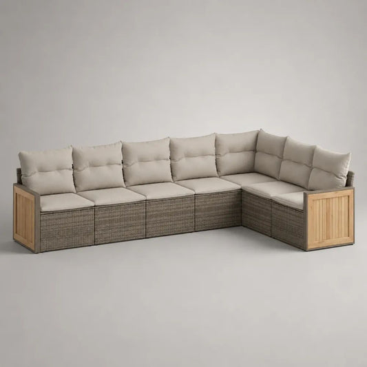 6-teiliges Garten-Ecksofa für 6 Personen aus PE-Rattan, Stahl und Akazien-Massivholz, Beige/Braun/Natur, ca. 280 × 210 × 82 cm