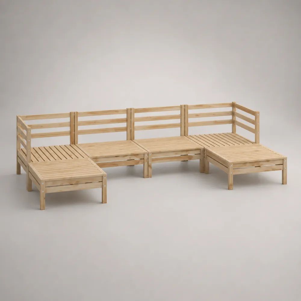 6-teiliges U-förmiges Gartensofa aus massivem Kiefernholz, Natur, 280 × 140 × 67 cm