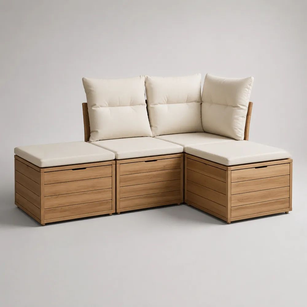 3-teiliges modulares Gartensofa-Ecksofa aus Akazien-Massivholz mit Stauraum und cremeweißen Polstern, 195 x 130 x 86 cm