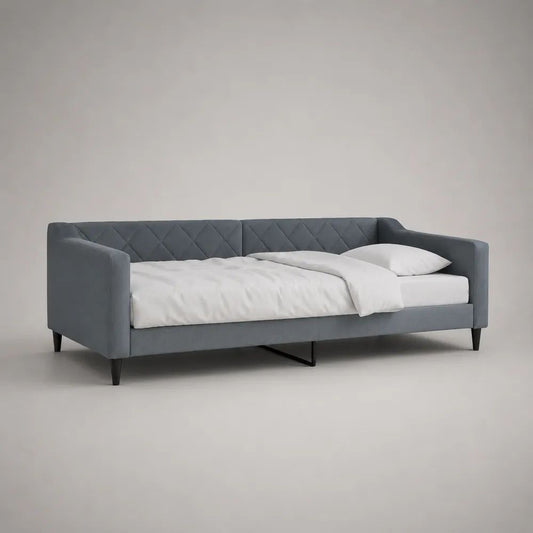 Gepolstertes Tagesbett mit Polyester-Samtbezug und Rautensteppung, Grau/Schwarz, 215 x 100 x 82 cm, Liegefläche 90 x 200 cm