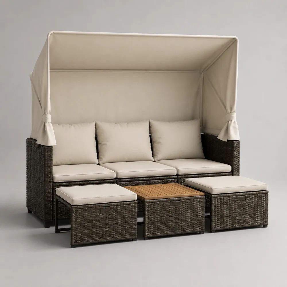 Gartensofa-Set 4-teilig mit Sonnendach, 3-Sitzer aus PE-Rattan und Stahl, Braun/Beige/Naturbraun, 200 x 78 x 195 cm