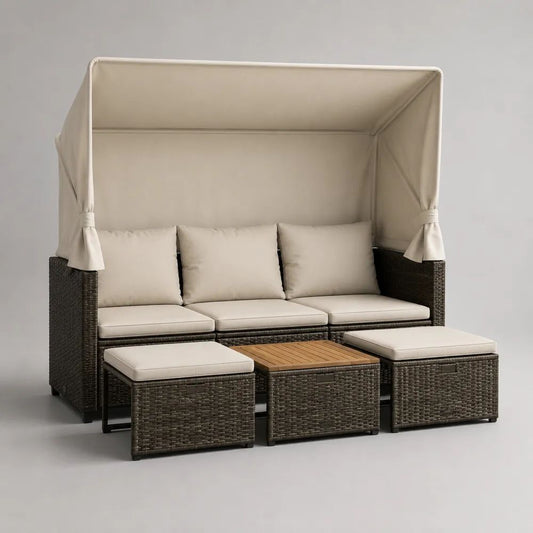Gartensofa-Set 4-teilig mit Sonnendach, 3-Sitzer aus PE-Rattan und Stahl, Braun/Beige/Naturbraun, 200 x 78 x 195 cm