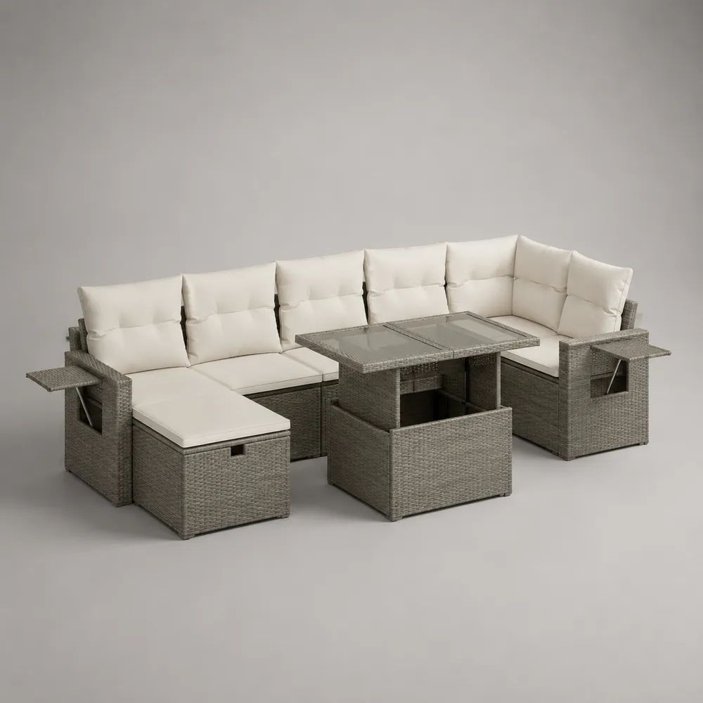 Gartenlounge-Set aus PE-Rattan mit U-Sofa, Hocker und höhenverstellbarem Glastisch, Grau/Cremeweiß, 260 x 200 x 74 cm
