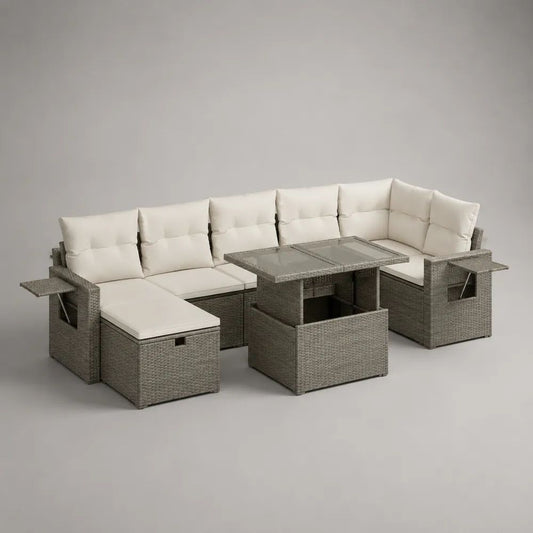 Gartenlounge-Set aus PE-Rattan mit U-Sofa, Hocker und höhenverstellbarem Glastisch, Grau/Cremeweiß, 260 x 200 x 74 cm