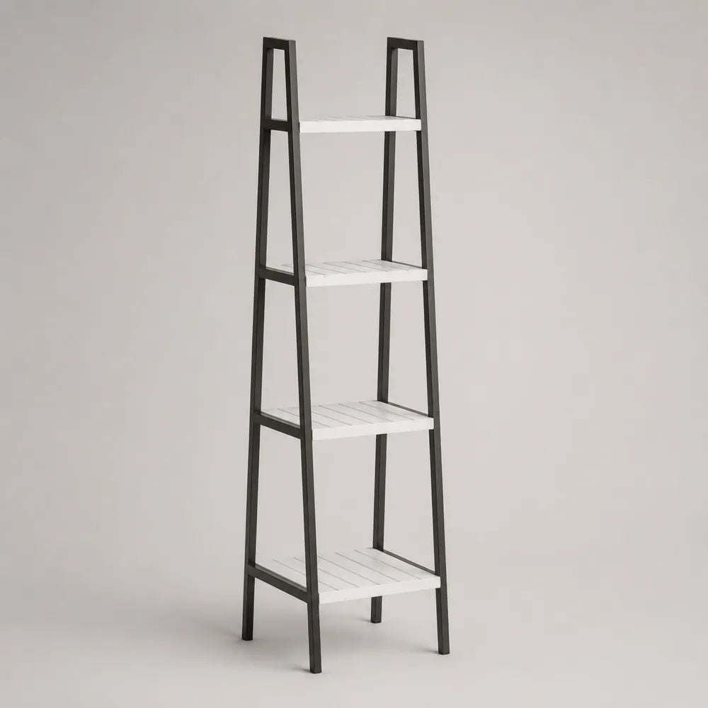 Trapezförmiges Leiterregal mit 4 Ablagen aus Stahl und MDF, Schwarz/Weiß, 50 × 35 × 150 cm