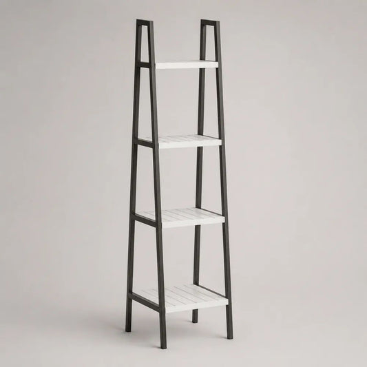 Trapezförmiges Leiterregal mit 4 Ablagen aus Stahl und MDF, Schwarz/Weiß, 50 × 35 × 150 cm