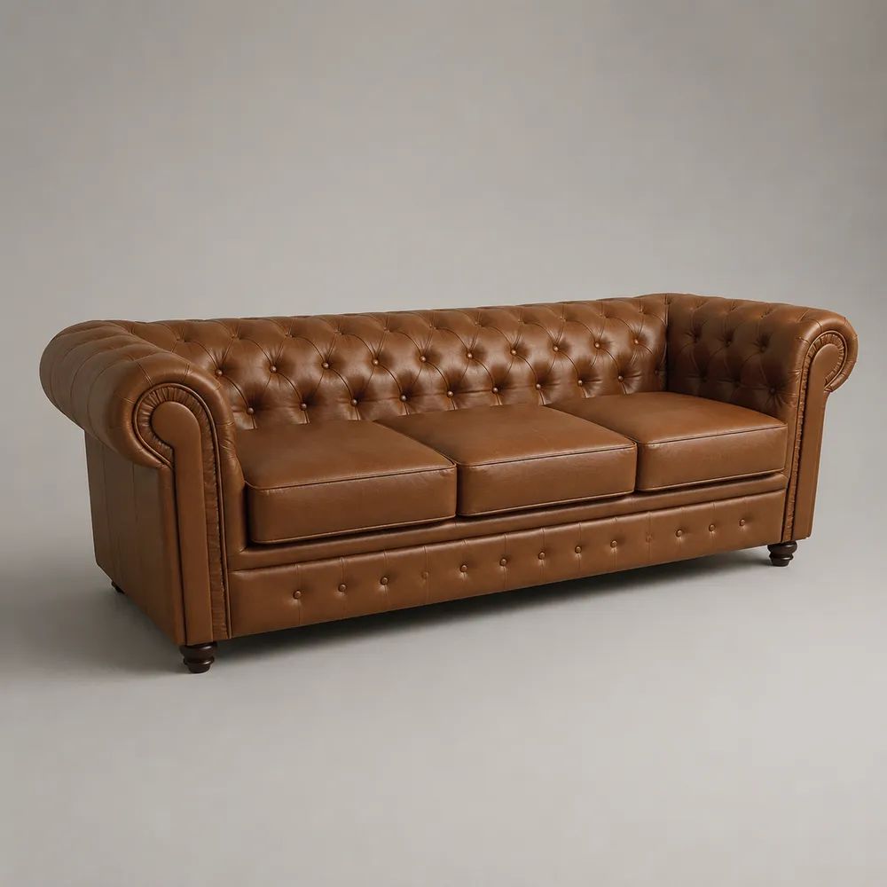 3-Sitzer-Sofa im Chesterfield-Stil aus cognacbraunem PU-Kunstleder, 220 × 90 × 76 cm