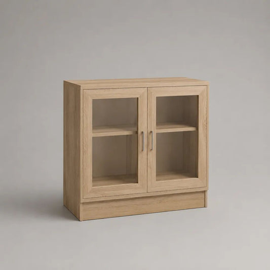 Bücherschrank mit 2 Glastüren aus Spanplatte und Glas, Eichefarben, 80 × 35 × 90 cm