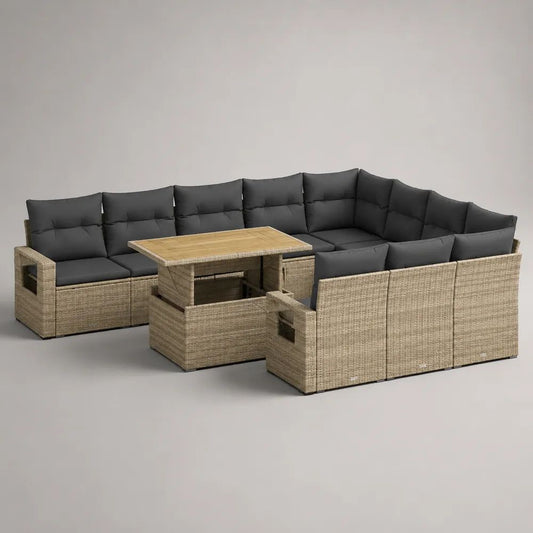 U-förmige Gartenlounge-Garnitur für 10 Personen aus PE-Rattan mit Akazienholz-Esstisch, Beige/Anthrazit/Hellbraun, 300 x 230 x 82 cm