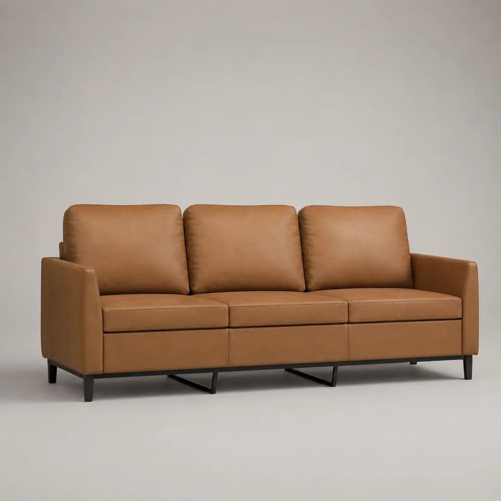 3-Sitzer-Sofa aus PU-Leder mit Stahlgestell, Cognacbraun/Schwarz, 210 × 85 × 85 cm