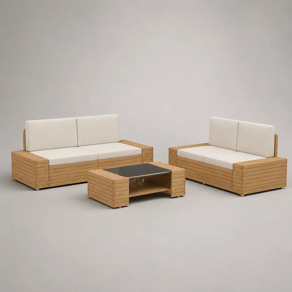 3-teiliges Gartenmöbel-Set aus Holz mit zwei 2-Sitzer-Sofas 195 × 80 × 75 cm und Couchtisch 110 × 60 × 40 cm, Natur/Beige/Anthrazit