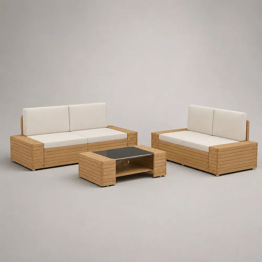 3-teiliges Gartenmöbel-Set aus Holz mit zwei 2-Sitzer-Sofas 195 × 80 × 75 cm und Couchtisch 110 × 60 × 40 cm, Natur/Beige/Anthrazit