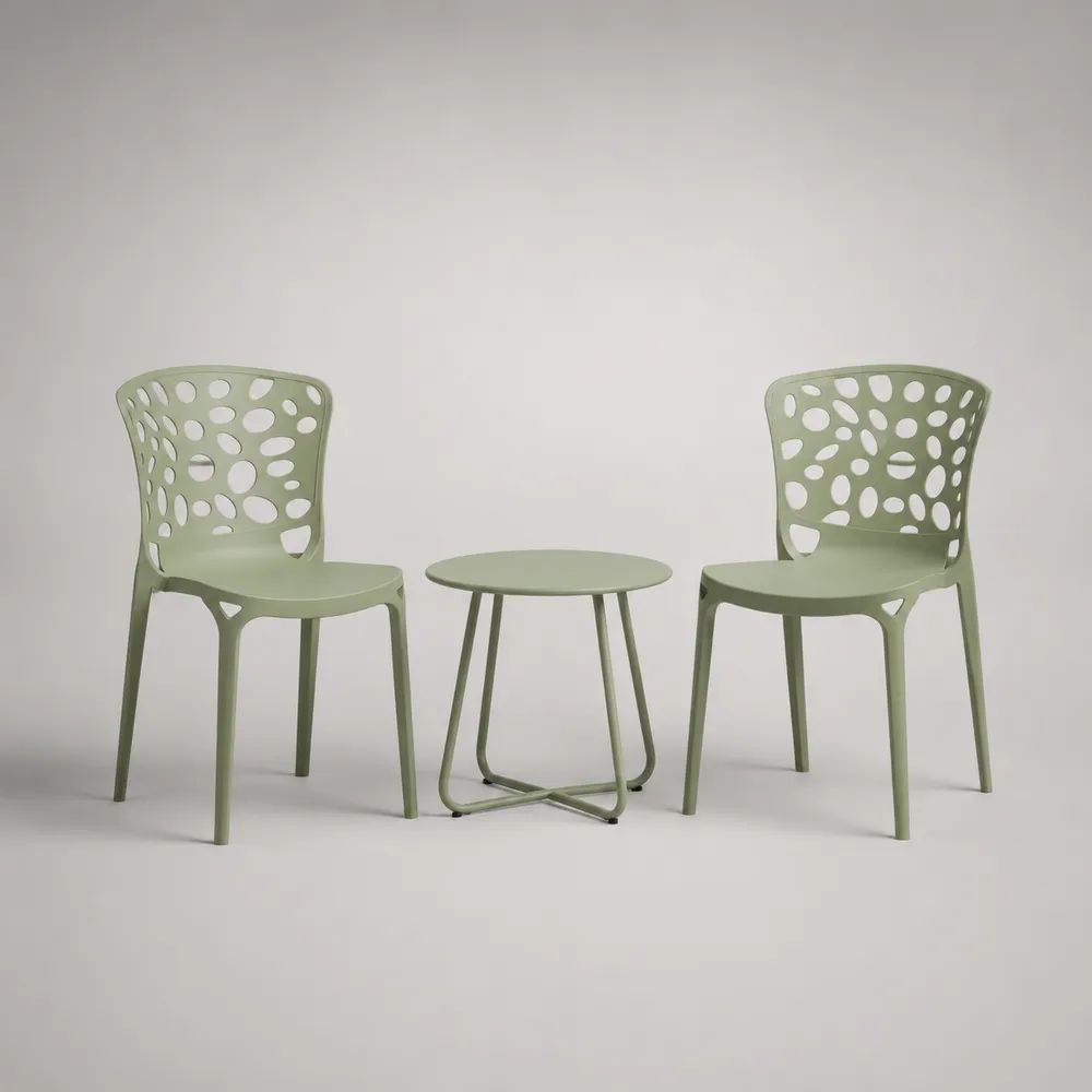 3-teiliges Gartenmöbel-Set aus Kunststoff und Metall, 2 Gartenstühle und runder Tisch, Salbeigrün, Stühle 50 × 53 × 82 cm, Tisch Ø 50 × 48 cm
