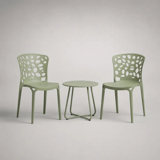 3-teiliges Gartenmöbel-Set aus Kunststoff und Metall, 2 Gartenstühle und runder Tisch, Salbeigrün, Stühle 50 × 53 × 82 cm, Tisch Ø 50 × 48 cm