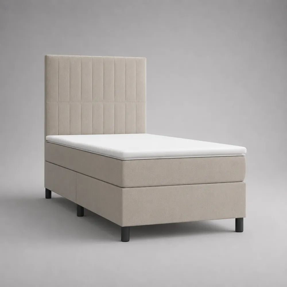 Boxspringbett 90 × 200 cm, Einzelbett mit Bonellfederkernmatratze, PU-Schaum-Topper und Stoffbezug, Beige/Schwarz