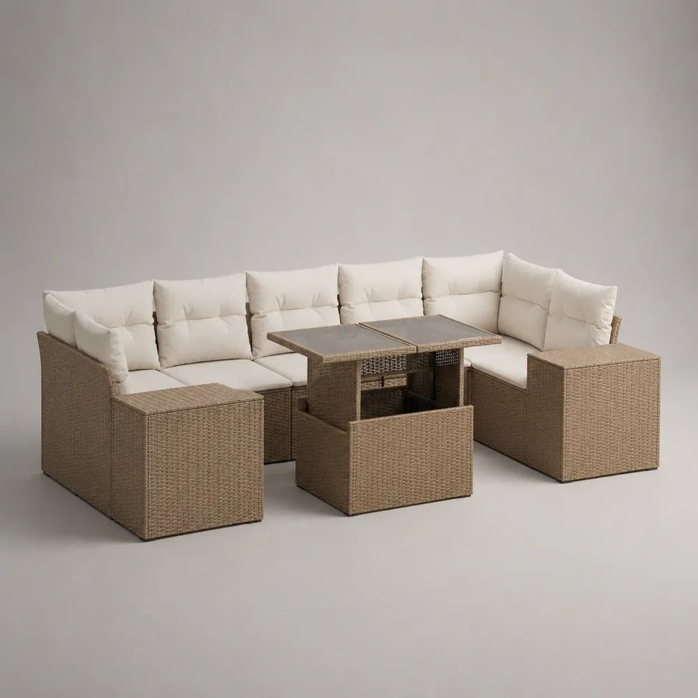 5-teiliges Polyrattan-Gartenmöbel-Set in Taupe/Cremeweiß mit L-förmigem Ecksofa 240 × 180 × 76 cm, höhenverstellbarem Esstisch 120 × 70 × 48–68 cm und 3 Hockern