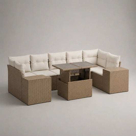 5-teiliges Polyrattan-Gartenmöbel-Set in Taupe/Cremeweiß mit L-förmigem Ecksofa 240 × 180 × 76 cm, höhenverstellbarem Esstisch 120 × 70 × 48–68 cm und 3 Hockern