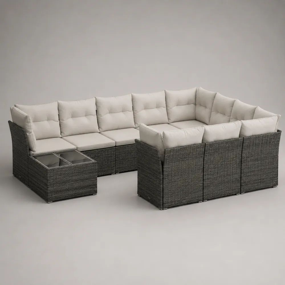 10-Sitzer modulares Gartensofa-Set in U-Form aus PE-Rattan mit Polyesterkissen und 2 Glastischen, Dunkelgrau/Cremeweiß, 315 x 218 x 74 cm
