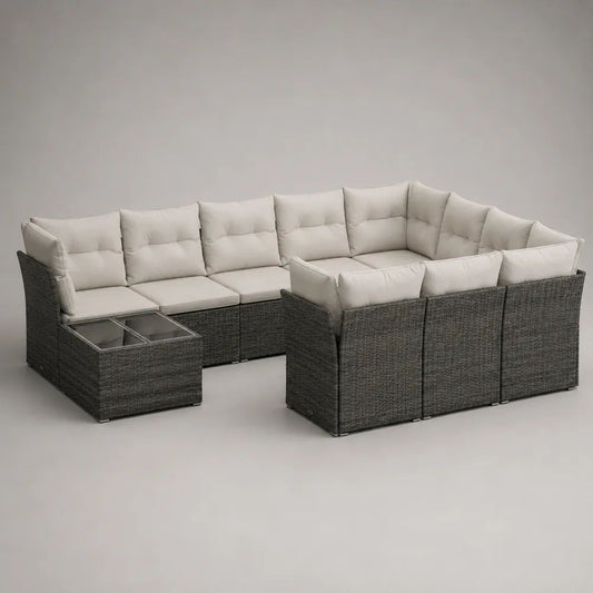10-Sitzer modulares Gartensofa-Set in U-Form aus PE-Rattan mit Polyesterkissen und 2 Glastischen, Dunkelgrau/Cremeweiß, 315 x 218 x 74 cm