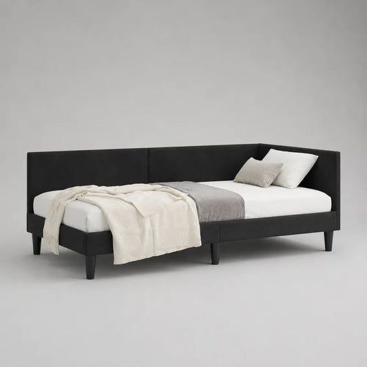 Tagesbett Polsterbett 90 × 200 cm mit Lattenrost und dreiseitiger Rückenlehne, Stoffbezug, Schwarz