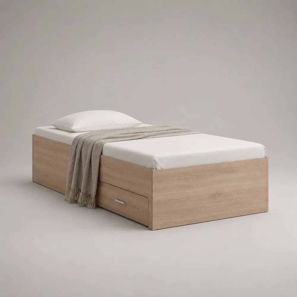 Einzelbett mit Schublade aus melaminbeschichteter Spanplatte, Eiche hell, Liegefläche 90 × 200 cm, Außenmaß ca. 96 × 204 × 45 cm