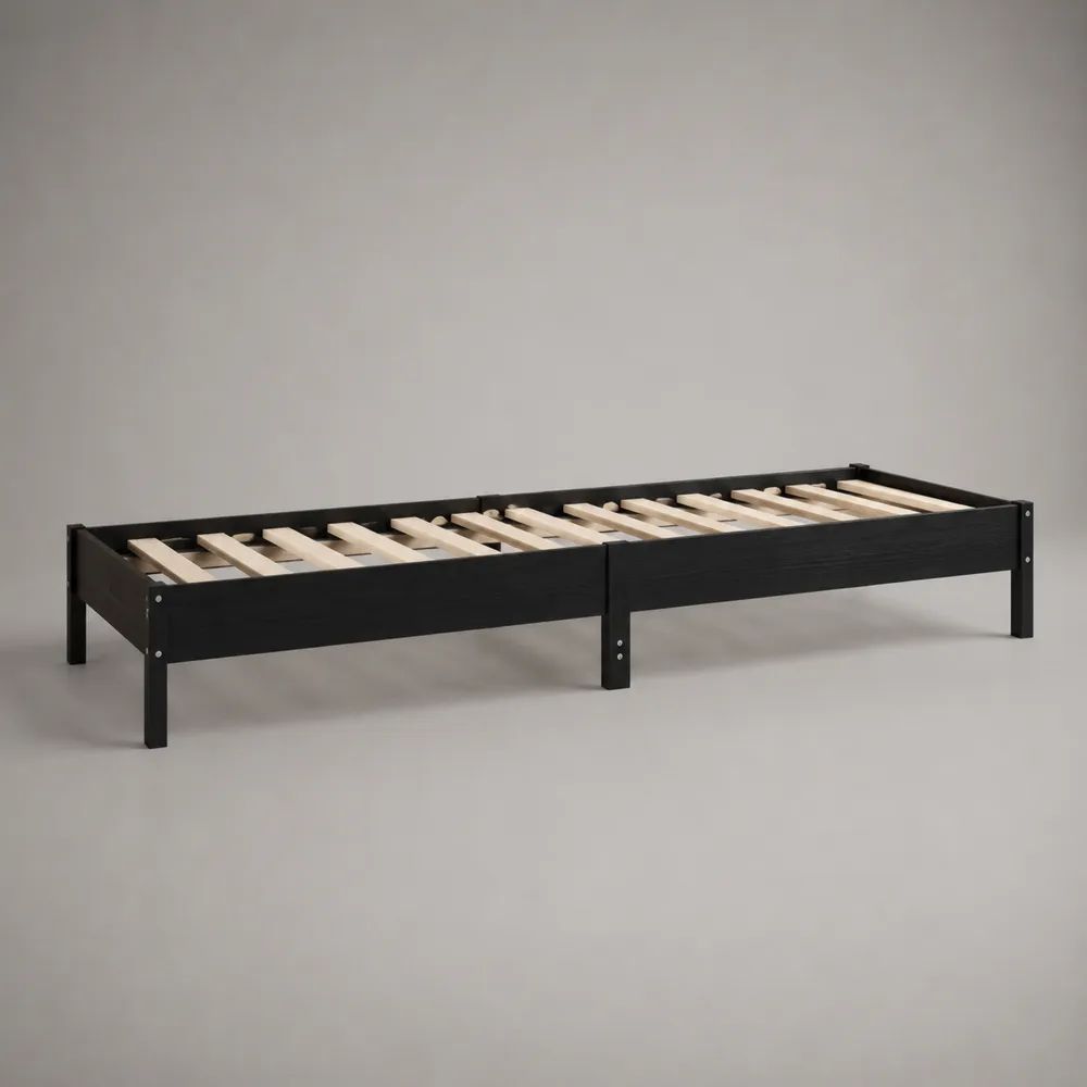 Einzelbettgestell aus massivem Kiefernholz mit Lattenrost, Schwarz/Natur, 90 × 200 cm