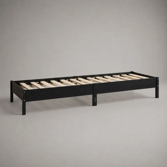Einzelbettgestell aus massivem Kiefernholz mit Lattenrost, Schwarz/Natur, 90 × 200 cm