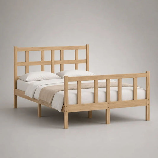 Doppelbett-Bettgestell aus massivem Kiefernholz, Natur, Liegefläche 140 × 200 cm, Gesamtmaß 208 × 148 × 110 cm