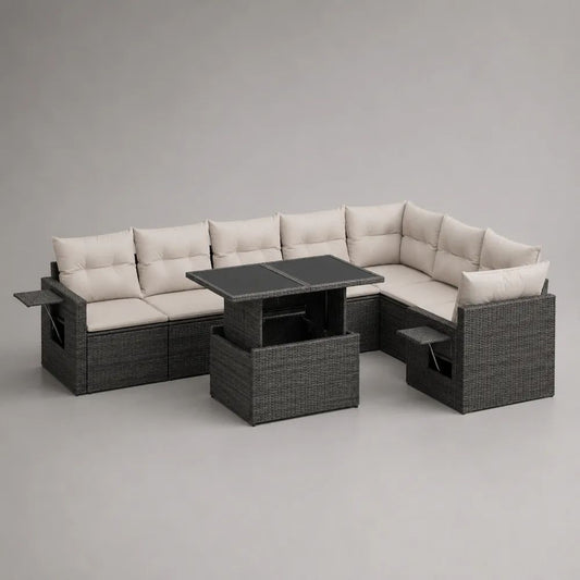 4-teiliges Gartenlounge-Ecksofa-Set aus PE-Rattan mit Polstern, Esstisch und 2 Hockern, Anthrazit/Beige/Schwarz, 265 x 205 x 74 cm