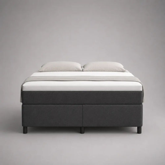 Boxspringbett 160 × 200 cm aus Holz und Stoff mit Bonellfederkernmatratze, Dunkelgrau/Weiß, ohne Kopfteil
