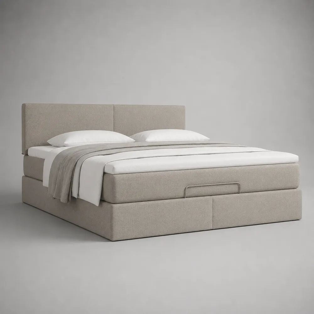 Polsterbett mit Bettkasten und Lattenrost, 180 x 200 cm, Polyesterbezug, MDF und Stahl, Beige