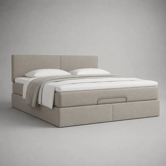 Polsterbett mit Bettkasten und Lattenrost, 180 x 200 cm, Polyesterbezug, MDF und Stahl, Beige