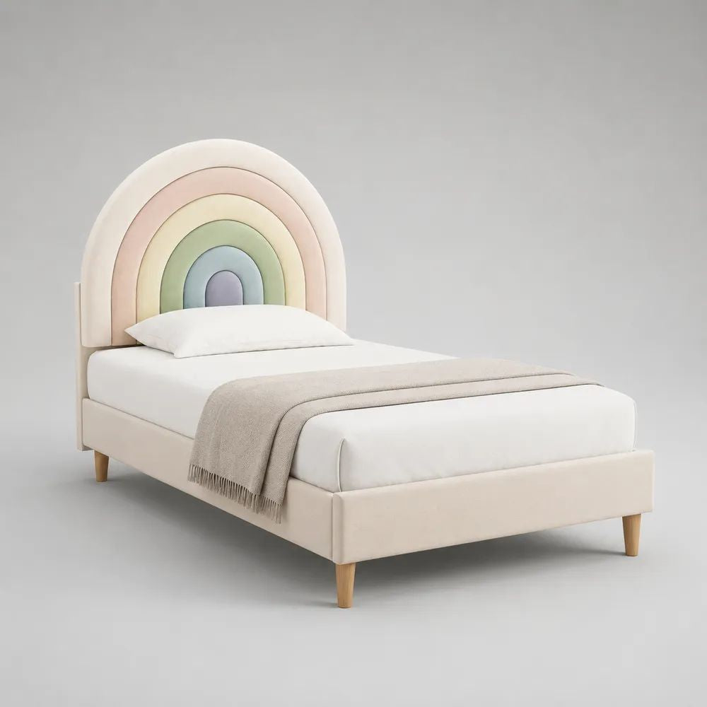Kinderbett Polsterbett 90 × 200 cm mit Regenbogen-Kopfteil und Stoffbezug, Creme/Pastellfarben, Gesamtmaß 213 × 105 × 145 cm