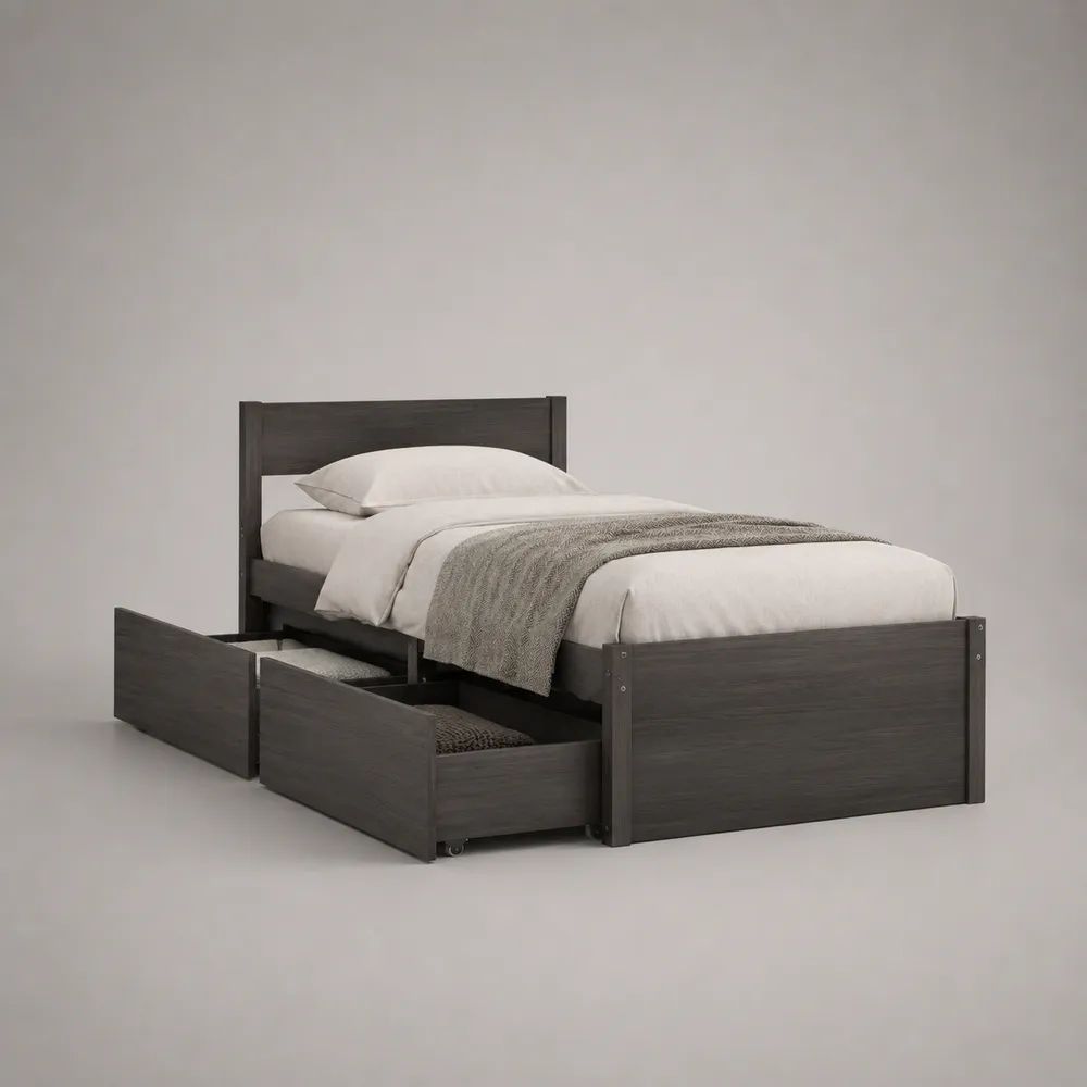 Einzelbett aus melaminbeschichteter Spanplatte mit 2 Rollschubladen, Dunkelgrau, 207 x 98 x 100 cm, Liegefläche 90 x 200 cm