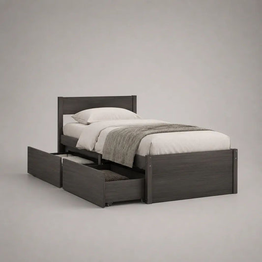 Einzelbett aus melaminbeschichteter Spanplatte mit 2 Rollschubladen, Dunkelgrau, 207 x 98 x 100 cm, Liegefläche 90 x 200 cm