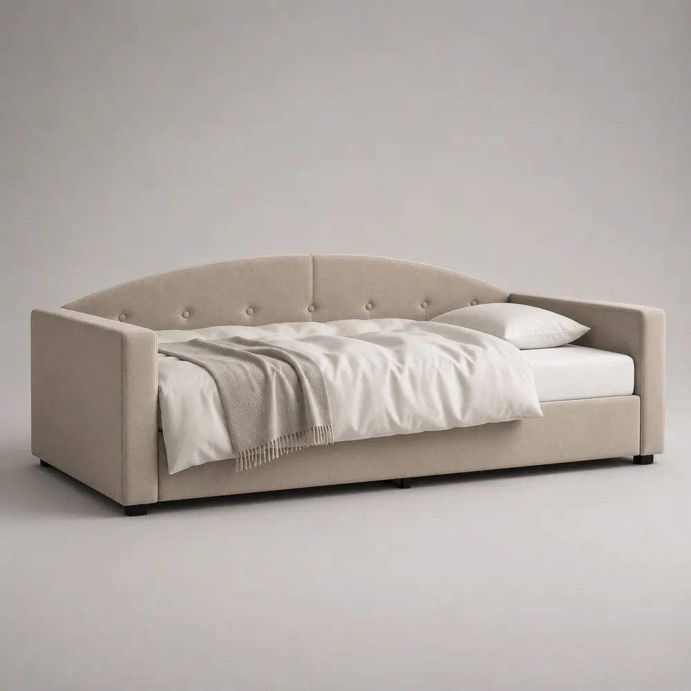 Gepolstertes Tagesbett 90 × 200 cm mit Lattenrost, Polsterbett aus Holz mit Stoffbezug, Beige/Schwarz
