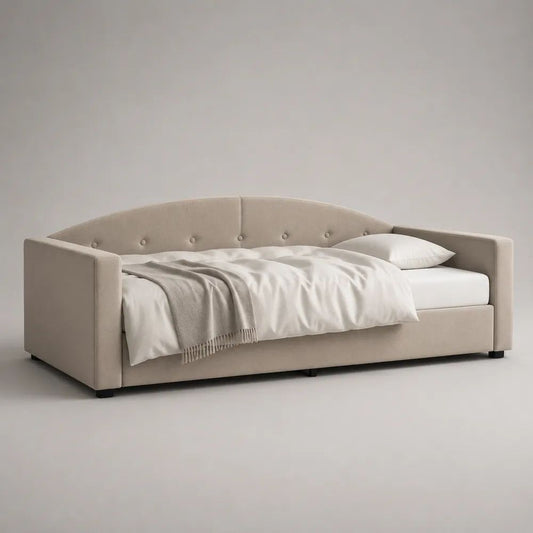 Gepolstertes Tagesbett 90 × 200 cm mit Lattenrost, Polsterbett aus Holz mit Stoffbezug, Beige/Schwarz